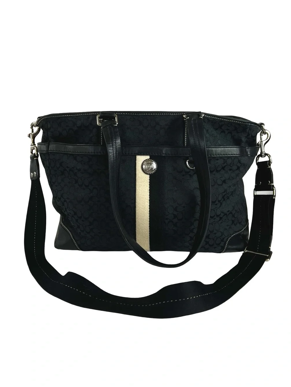 Coach Signature Stripe Multifunction Diaper Tote Bag Black Canvas Blue Interior